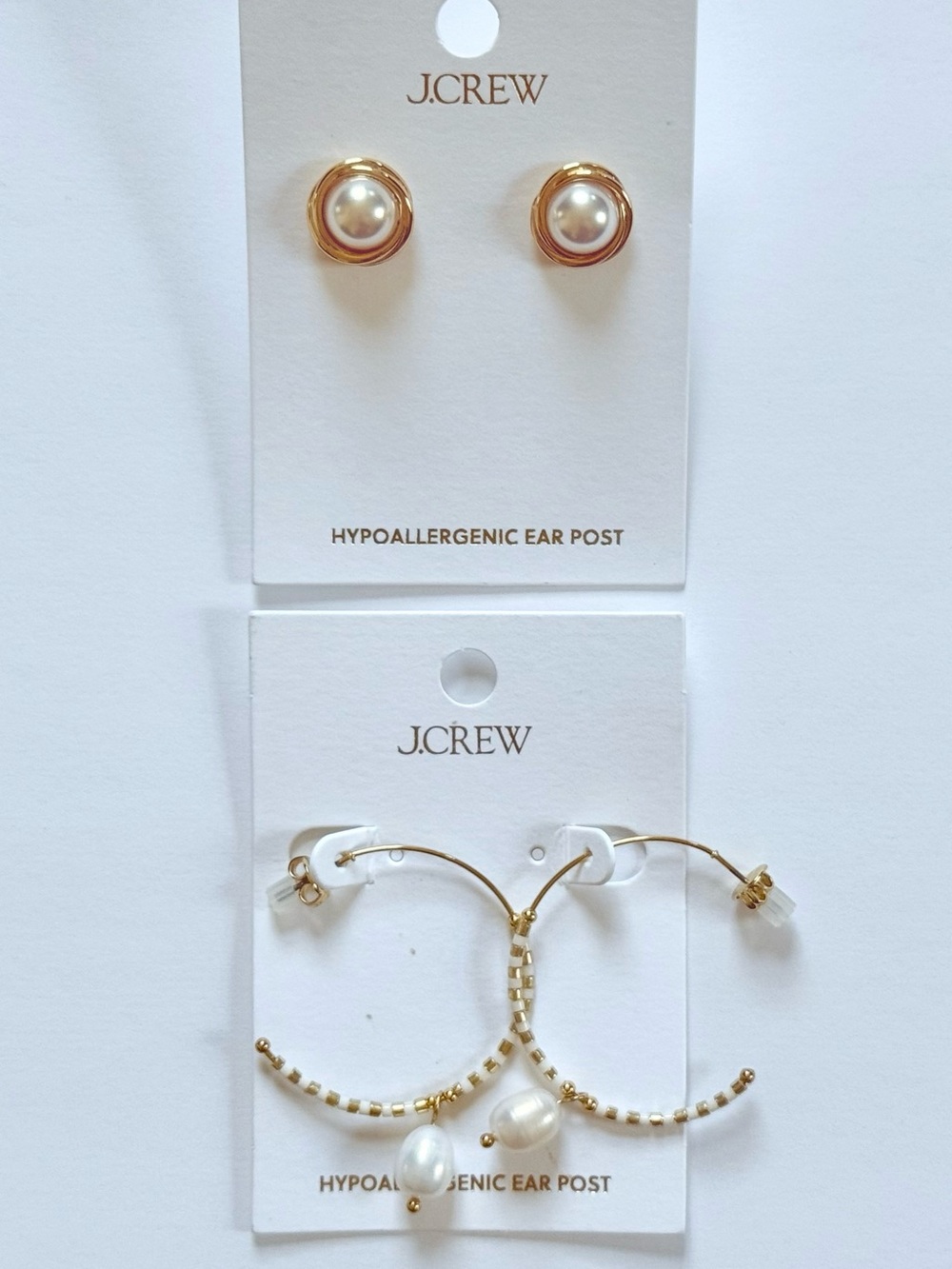 NWT BUNDLE - J Crew Gold Basket-Pearl studs AND Pearl Drop Hoops Earrings